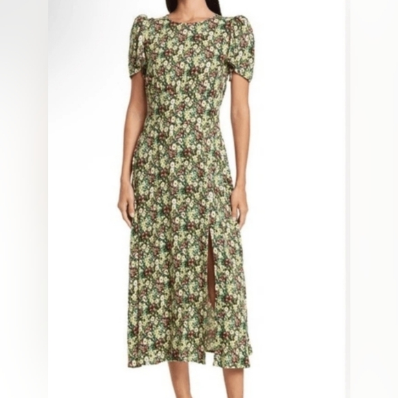 AFRM Dresses & Skirts - AFRM Green Garden Jamie Floral Puff Sleeve Open Back Midi Dress XS
